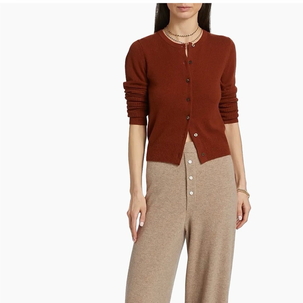 Rust Button-Front Crewneck Cardigan Sweater